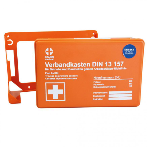 Betriebs-Verbandkasten DETEKT - DIN 13157 orange mit Wandhalterung eventBASICS