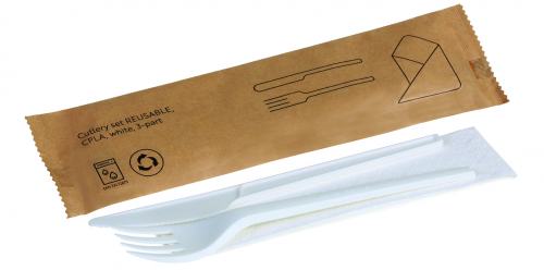 Mehrweg Besteckset matt weiß 3-teilig CPLA Messer, Gabel, Serviette 16,8cm