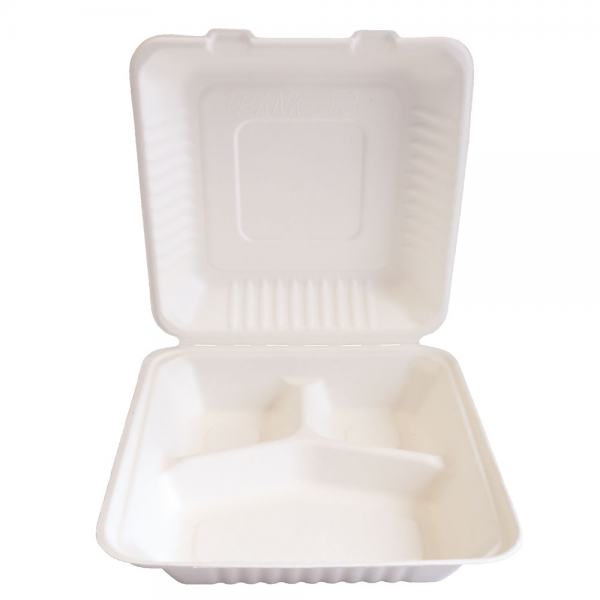 Take-away Box Zuckerrohr 3-geteilt 23,0 x 23,0 x 8,0cm